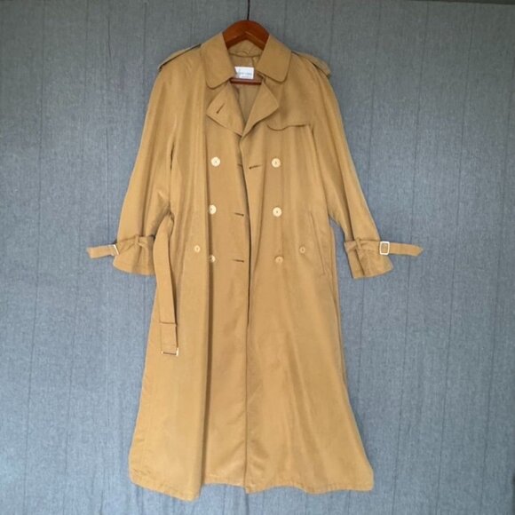 90s Vintage Jones New York Tan Rayon Lined Belted Maxi Trench Coat Size Large - Picture 3 of 17